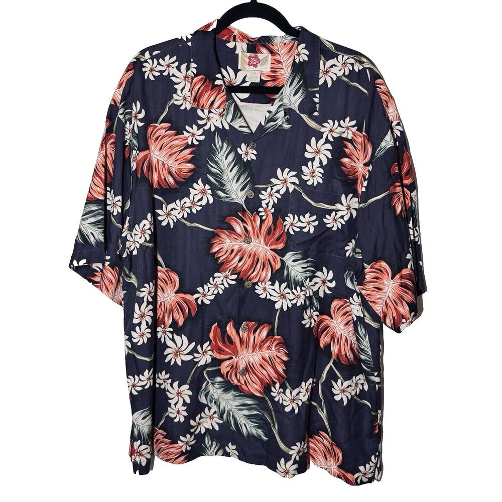 Hilo Hattie 100%‎ Silk Hawaiian Shirt Mens XL Blue Print Pocket EXCELLENT
